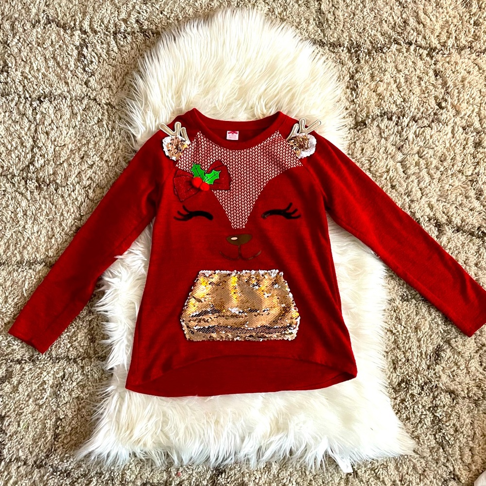 Girls holiday red reindeer lightweight sweater. Size XL (14/16)